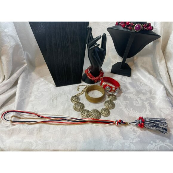 Vintage Jewelry Lot of Red & Gold Themed Multi-Layered Red Plastic Beaded Neckla - Picture 8 of 8